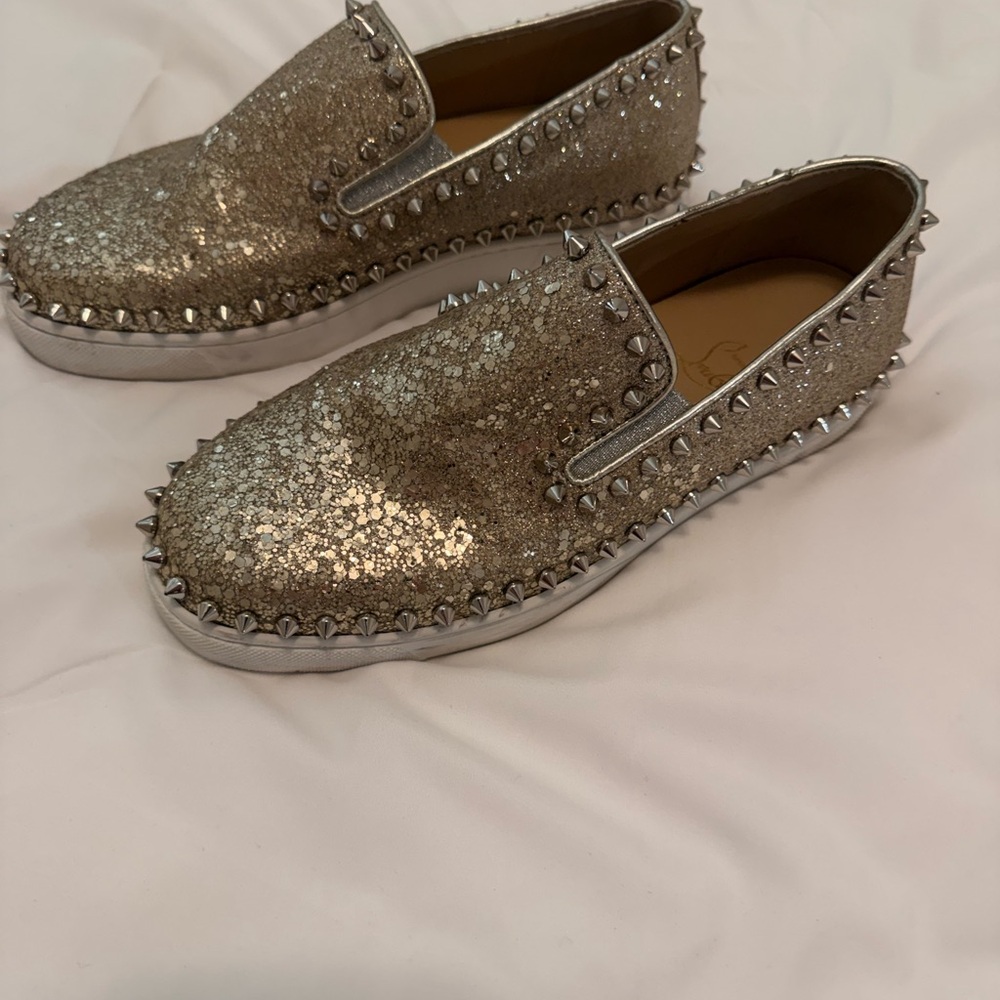 Christian Louboutin Silver Glitter Spike Slip-On Sneakers